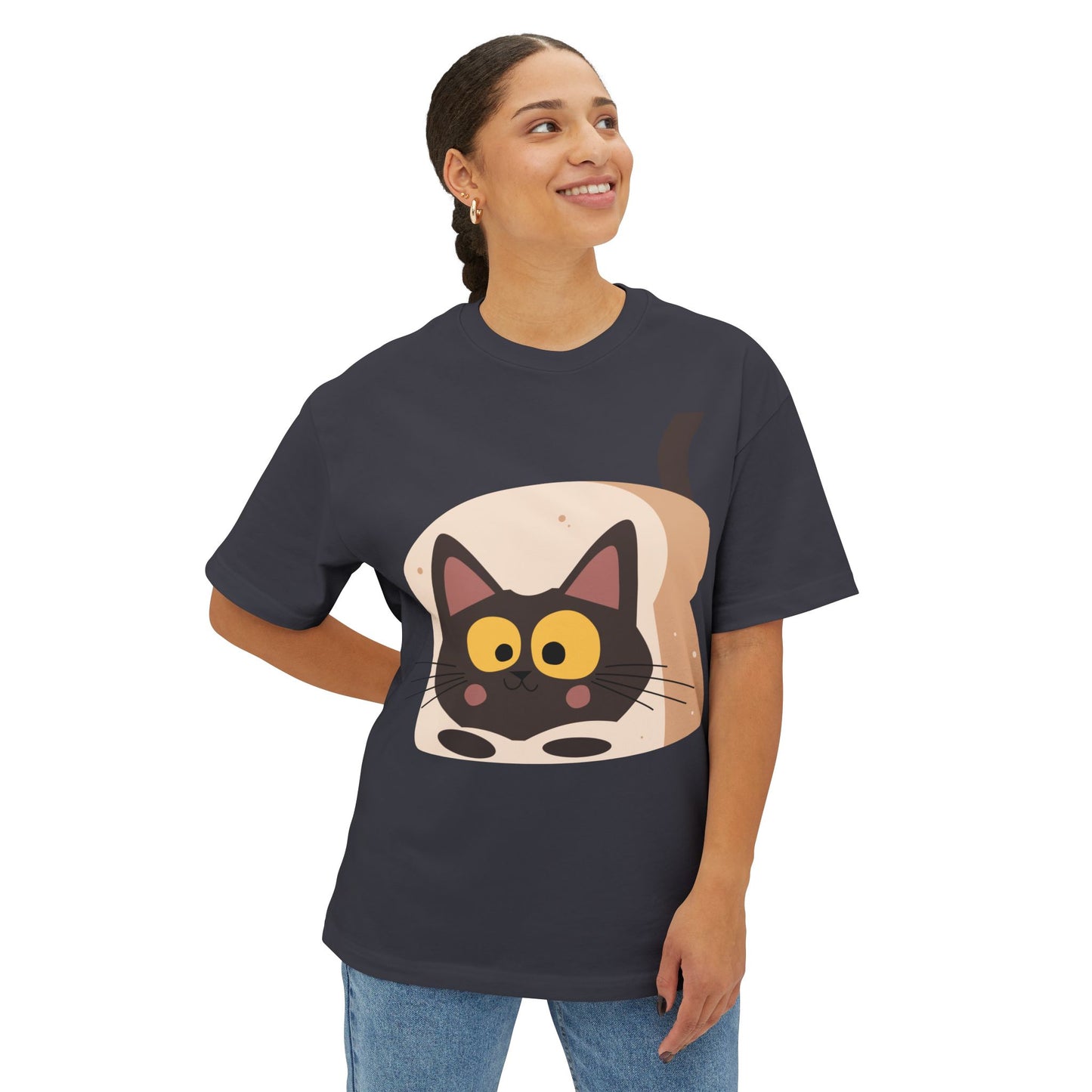 Cute Cat in Bread Oversized Tee - Unisex Boxy T-Shirt for Cat Lovers