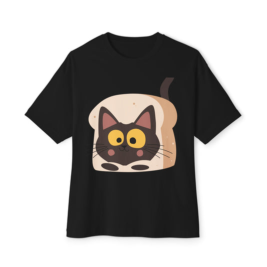 Cute Cat in Bread Oversized Tee - Unisex Boxy T-Shirt for Cat Lovers