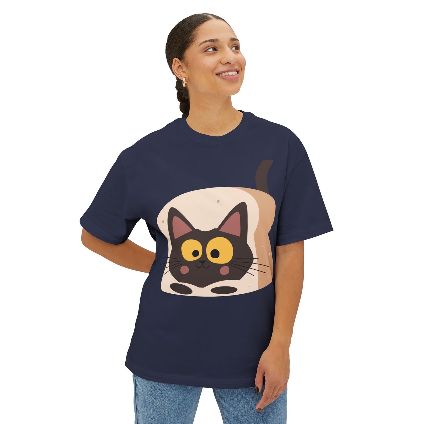 Cute Cat in Bread Oversized Tee - Unisex Boxy T-Shirt for Cat Lovers