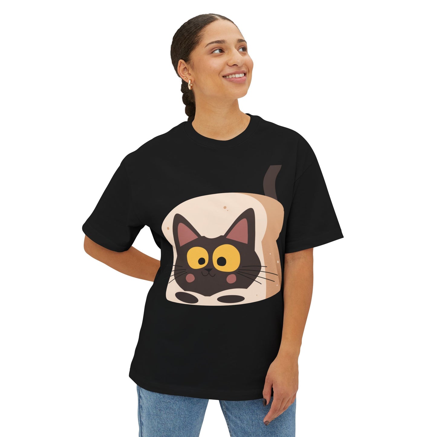 Cute Cat in Bread Oversized Tee - Unisex Boxy T-Shirt for Cat Lovers