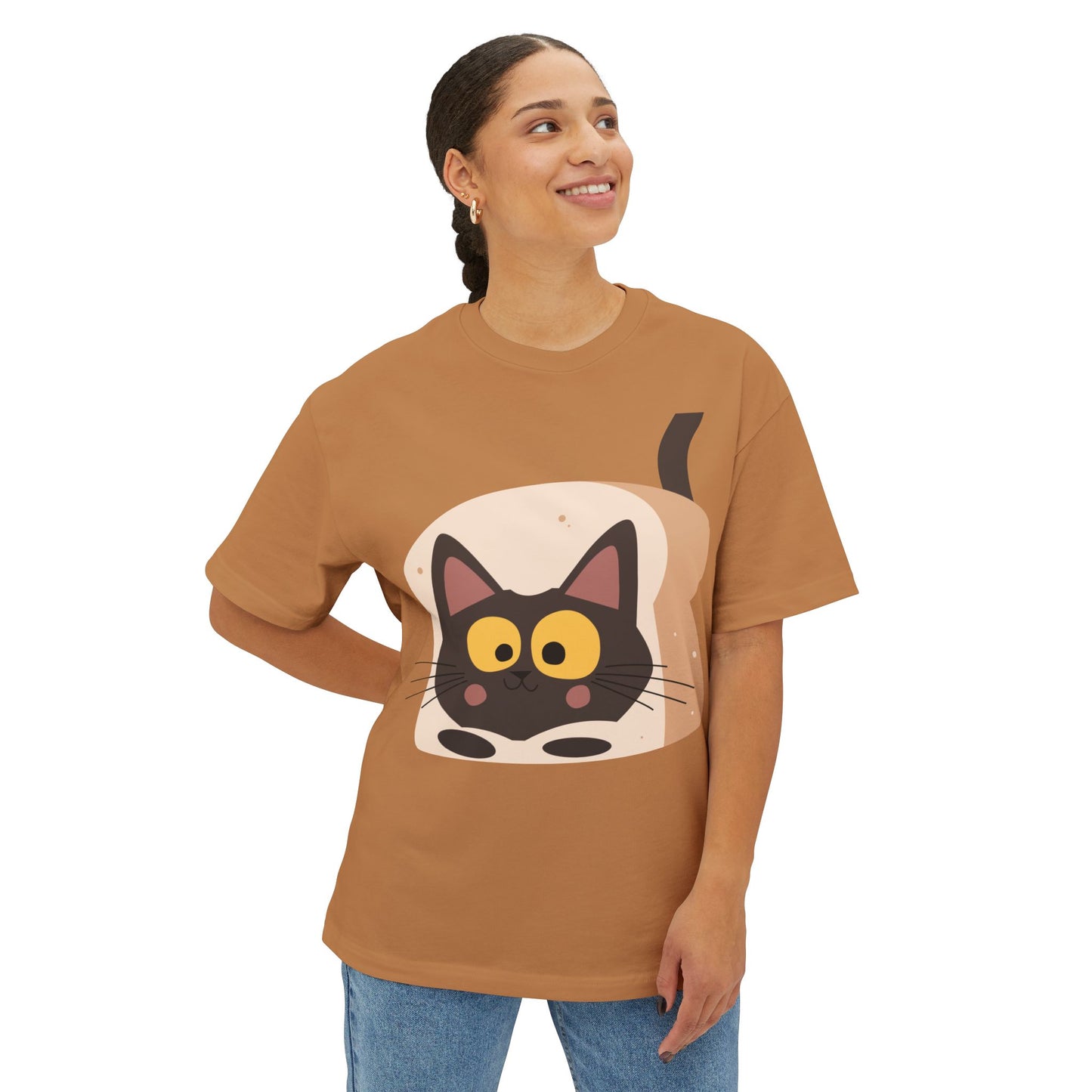 Cute Cat in Bread Oversized Tee - Unisex Boxy T-Shirt for Cat Lovers