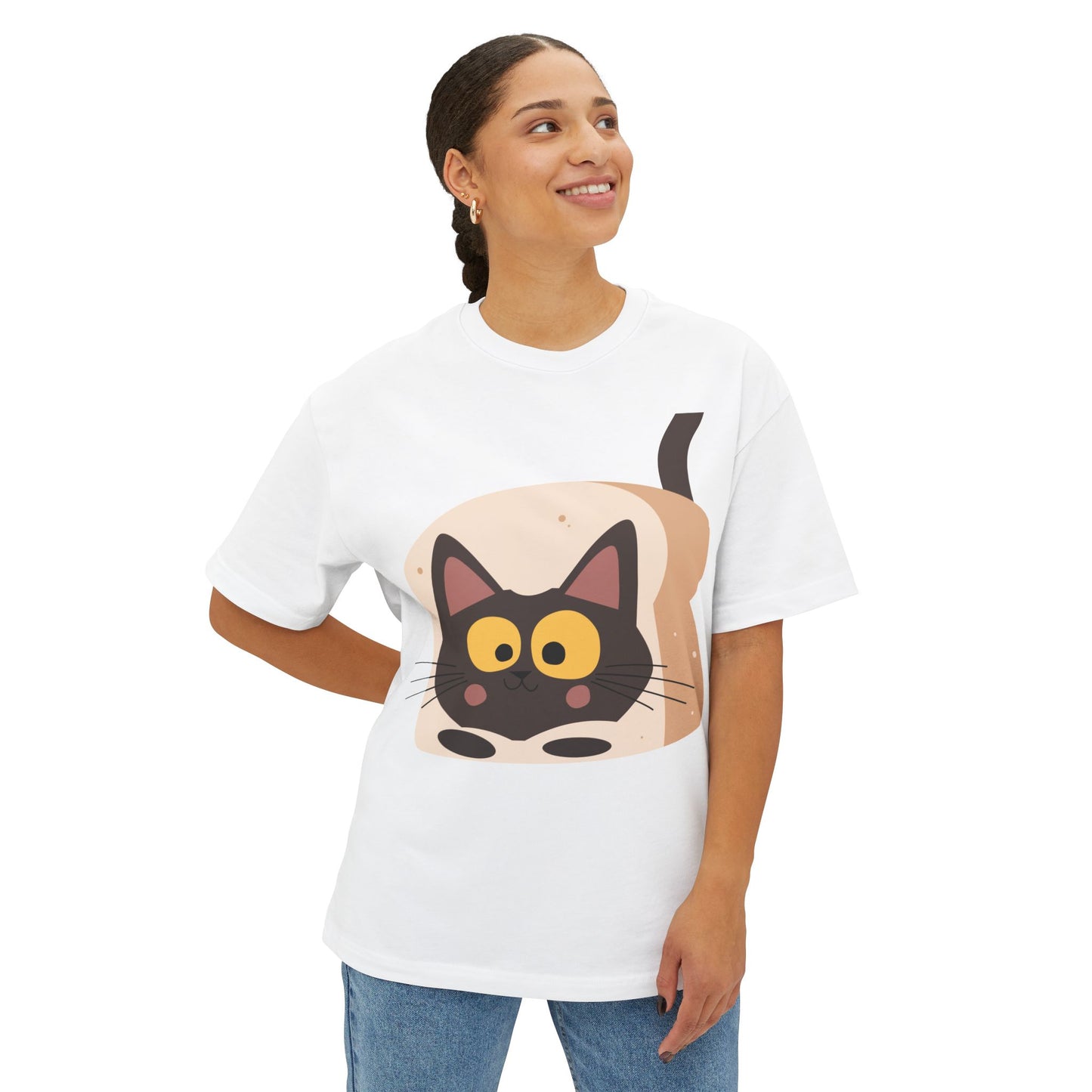 Cute Cat in Bread Oversized Tee - Unisex Boxy T-Shirt for Cat Lovers